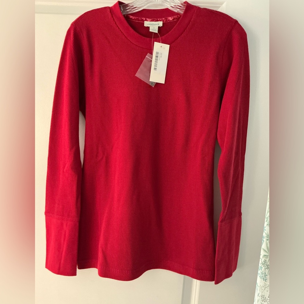 Sundance coral Red thermal waffle knit long sleeve top medium Velvet Button NEW
